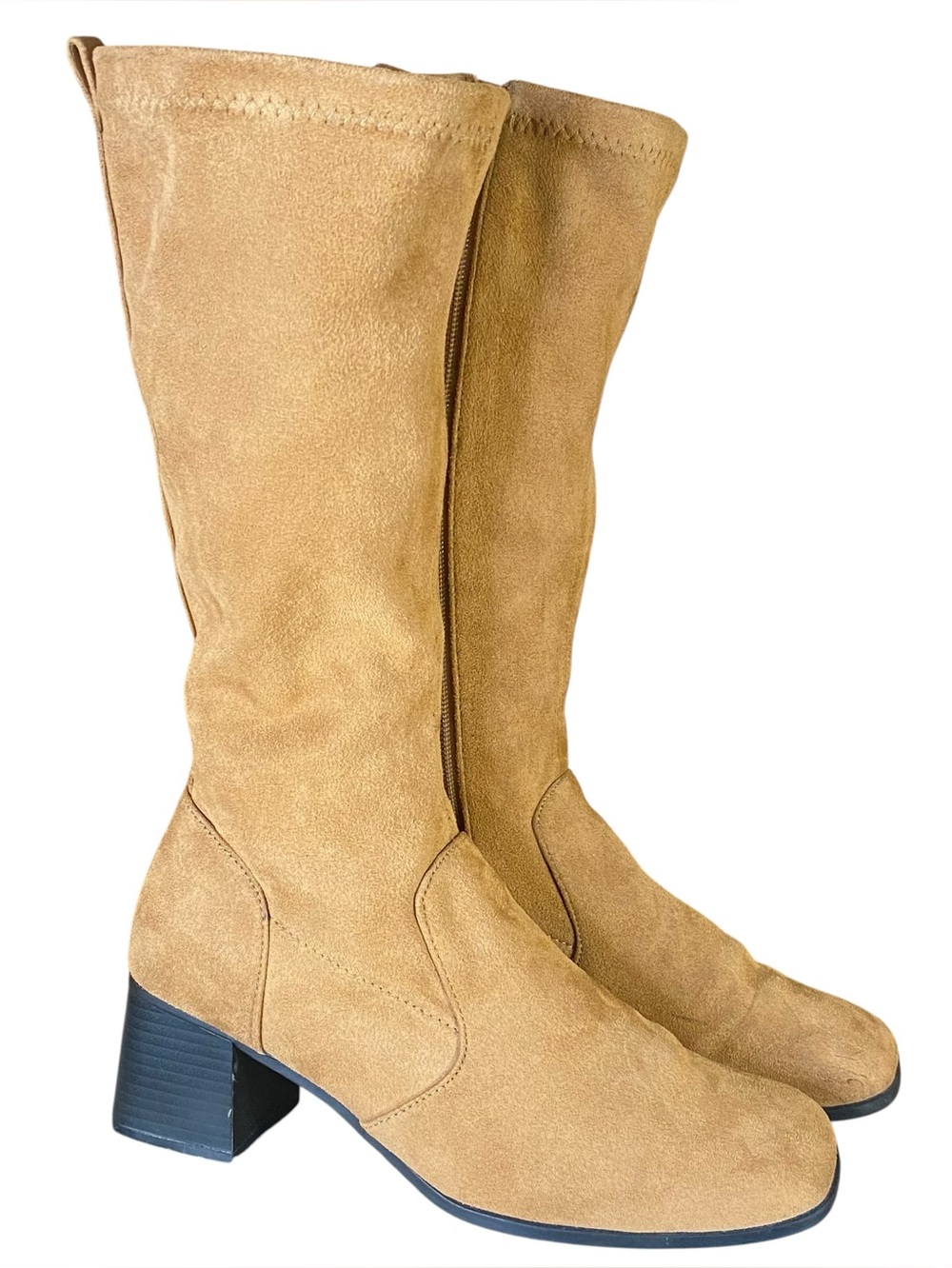 Fanfares Tall Faux Suede Boots Mid Calf Block Heel Side Zip Style Tami SZ 7.5